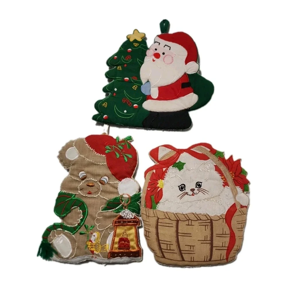Vintage Christmas Potholders Santa Tree Kitty Cat Basket Teddy Bear Bird Lantern